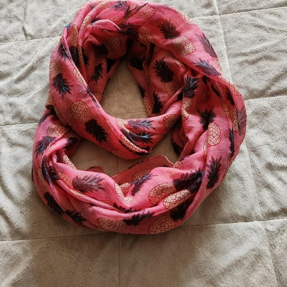 Vintage Y2K women pink & brown gauze scarf pineapples pattern cottage core boho